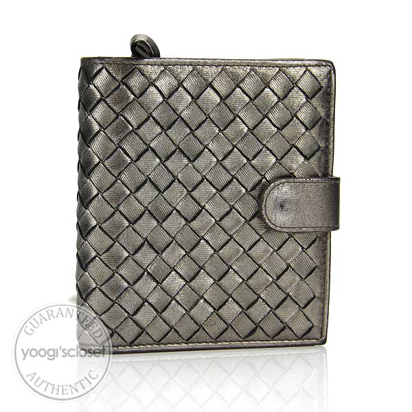 Bottega Veneta Silver Metallic Woven Leather Compact Wallet