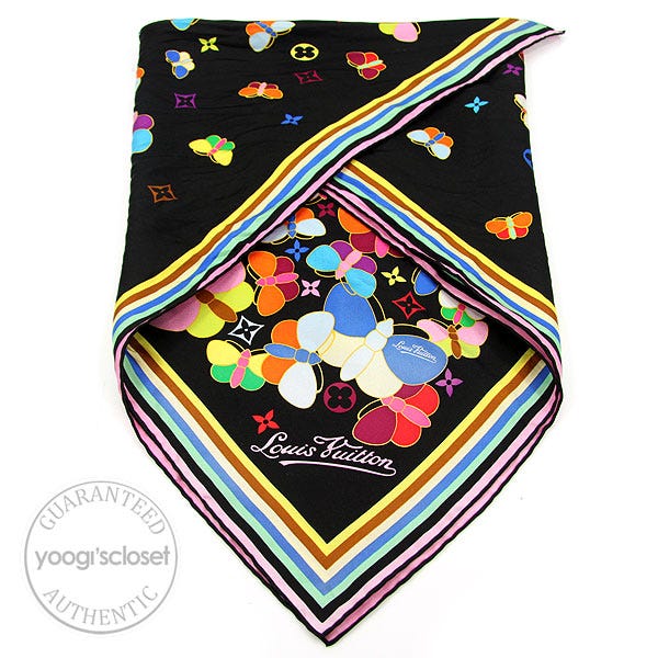 Louis Vuitton Black Multicolor Silk Printed Butterfly Square Scarf