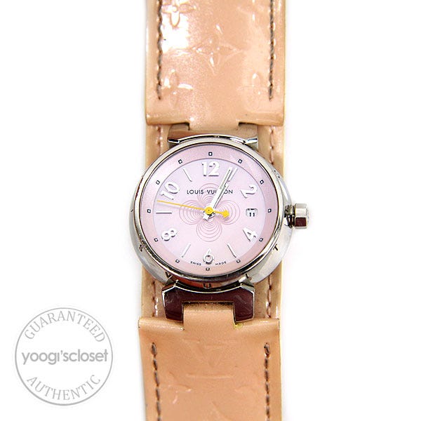 Louis Vuitton Tambour Quartz Pink Mother of Pearl Dial Leather Strap 28mm Watch