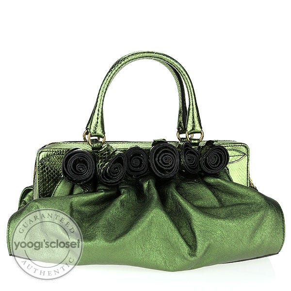 Valentino Garavani Metallic Green Leather and Python Lacca Fleur Frame Satchel Bag