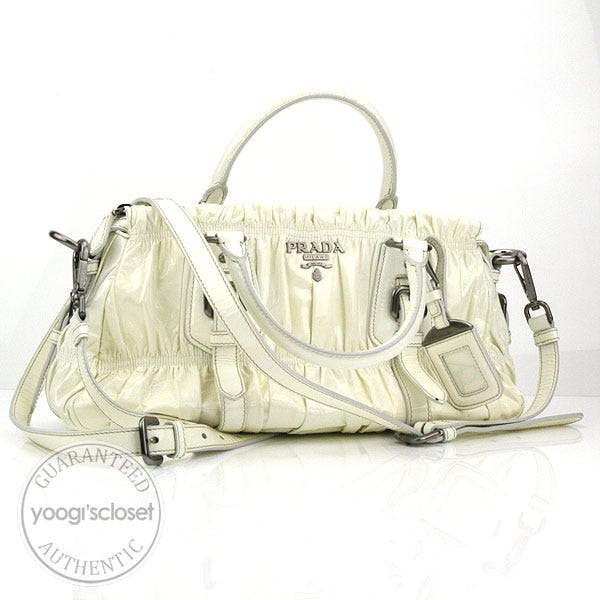 Prada Ivory Patent Vernice Gauffre Medium Satchel Bag