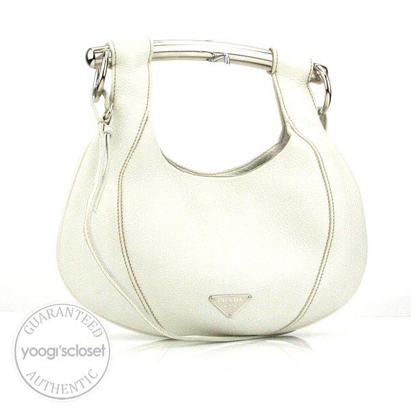Prada White Leather Metal Bar Shoulder Bag