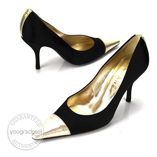 Chanel Black Silk Leather Gold Stripe Heels Size 9 - Yoogi's Closet