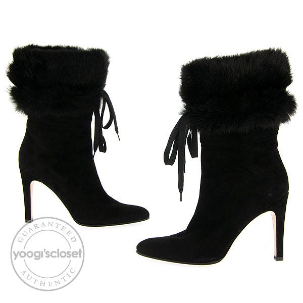 Gucci Black Suede with Fur Trim Mid-Calf Boots Size 7