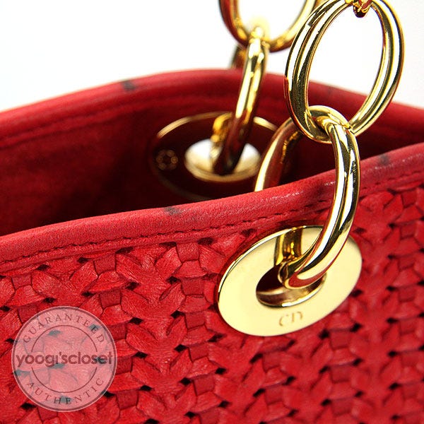 Christian Dior Red Leather Lady Dior Woven Large Tote Bag