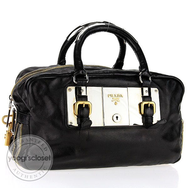 Prada Black Leather Glace Zippers Satchel Bag BL0462