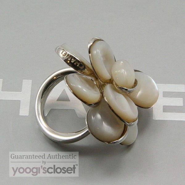 Chanel Mother of Pearl/Silver Large Camellia Flower Ring - Yoogi's