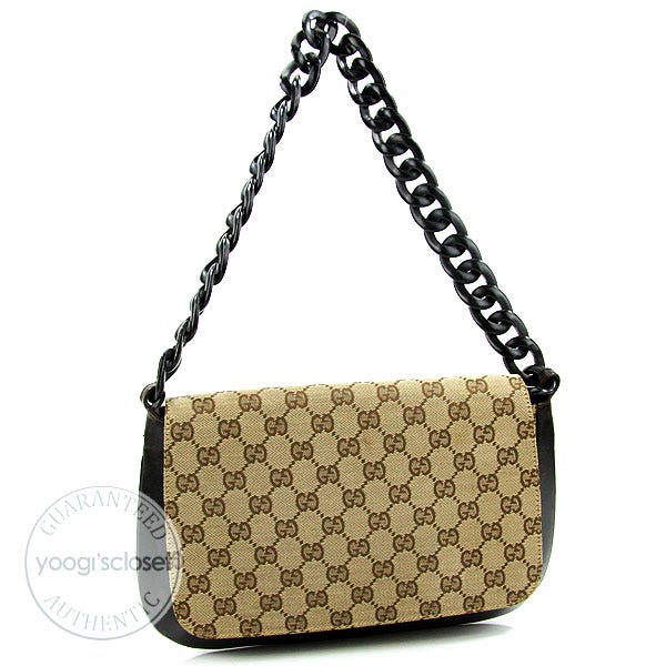 Gucci Beige/Ebony GG Fabric Wooden Chain Flap Bag - Yoogi's Closet