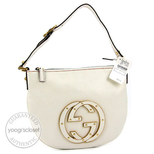Gucci White Leather Studded Logo Mini Hobo Bag