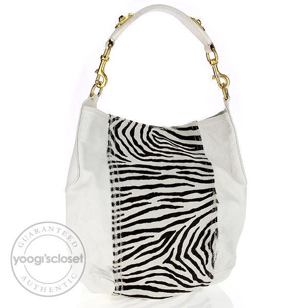 Valentino Garavani White Leather and Pony Hair Zebra Print Bucket Bag