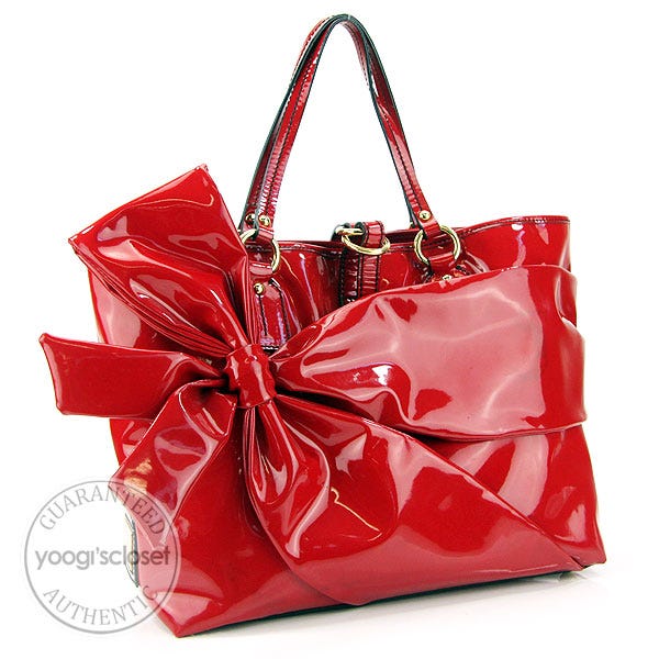 Valentino Red Patent Leather Trim Bow Tote Bag