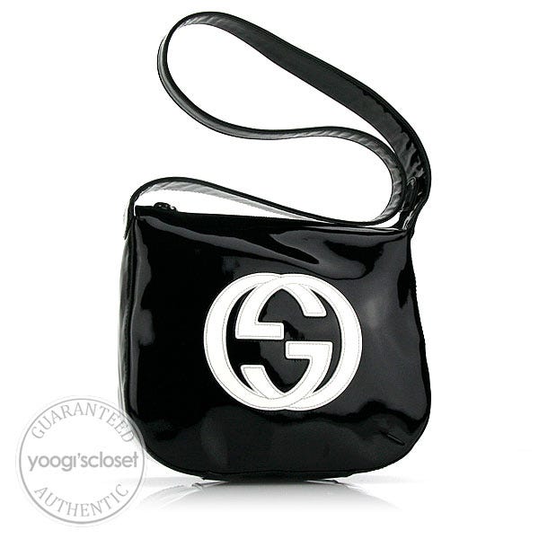 Gucci Vintage Black Patent Leather Logo Shoulder Bag
