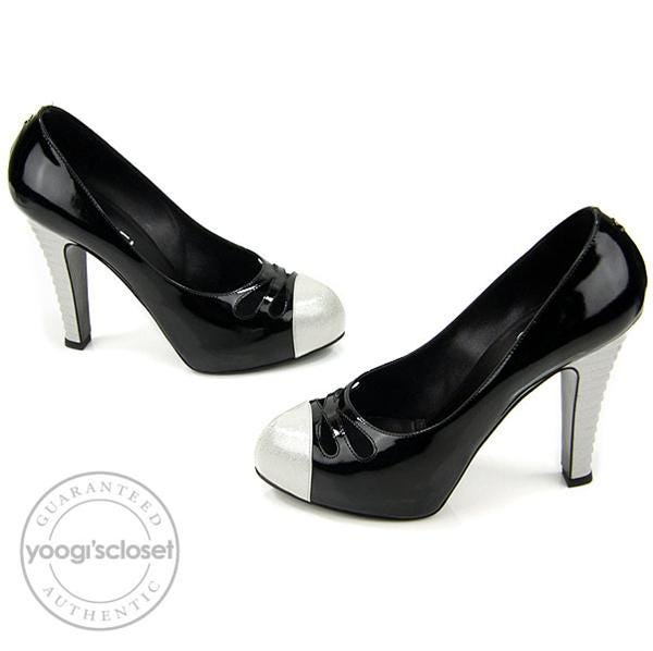 Chanel Black Patent Leather White Toe Cap Glitter Heels Size 9
