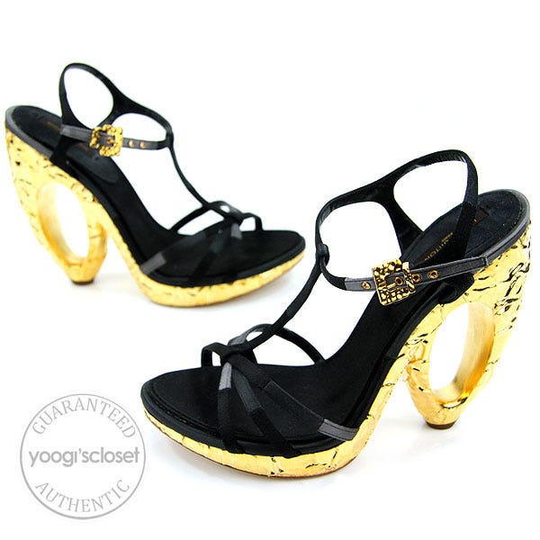 Louis Vuitton Black Satin Strappy Sandals Gold Wedge "O" Heels Size 7.5