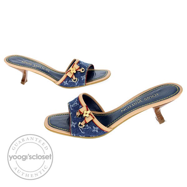 Louis Vuitton Blue Denim Monogram Denim Leather Bow Mules Size 6