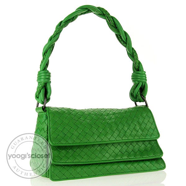 Bottega Veneta Green Leather Woven Small Shoulder Flap Bag