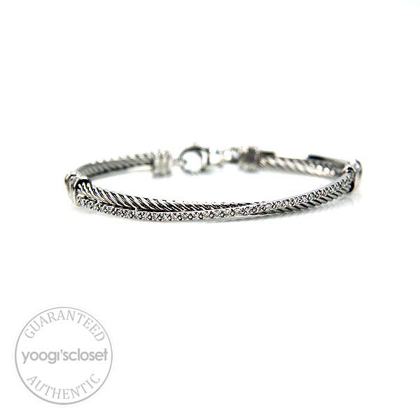 David Yurman 14K White Gold/Sterling Silver 3mm Linked Pave Crossover Bracelet