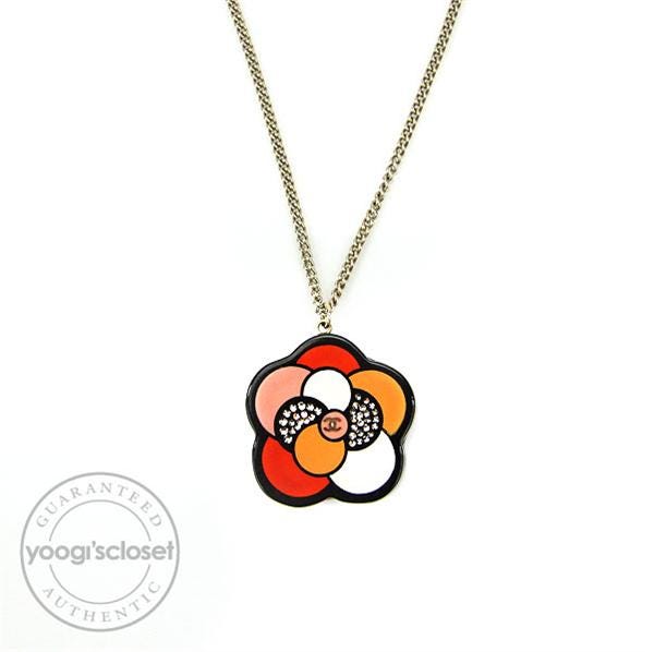 Chanel Crystal and Resin Camellia Flower with CC Logo Necklace