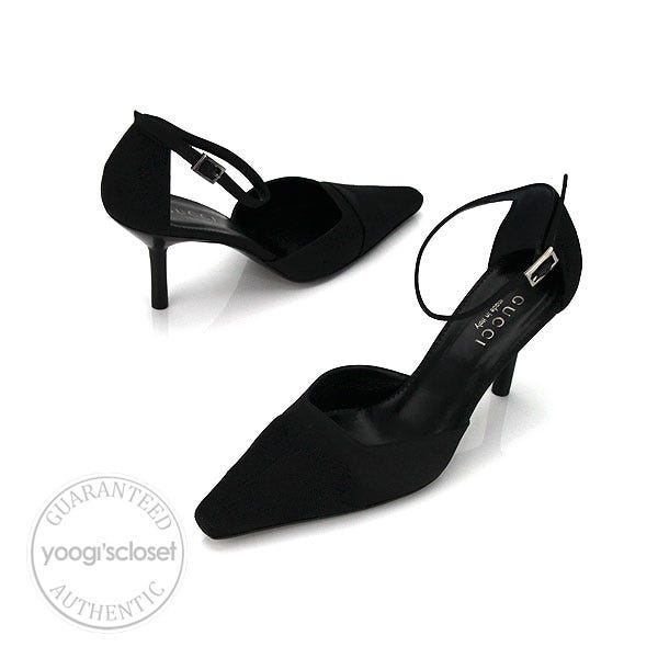 Gucci Black Satin Beaded Toe Ankle Strap Heels Size 8.5