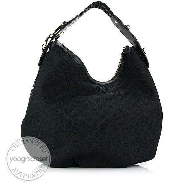 Gucci Black GG Fabric Braided Horsebit Hobo Bag