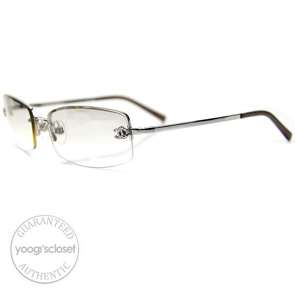 Chanel Light Grey Silver Crystal Logo Frameless Sunglasses 4093-B