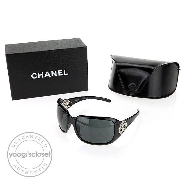 CHANEL, Accessories, Chanel Black Rectangle Sunglasses Silver Cc Logo  Rhinestones With Case