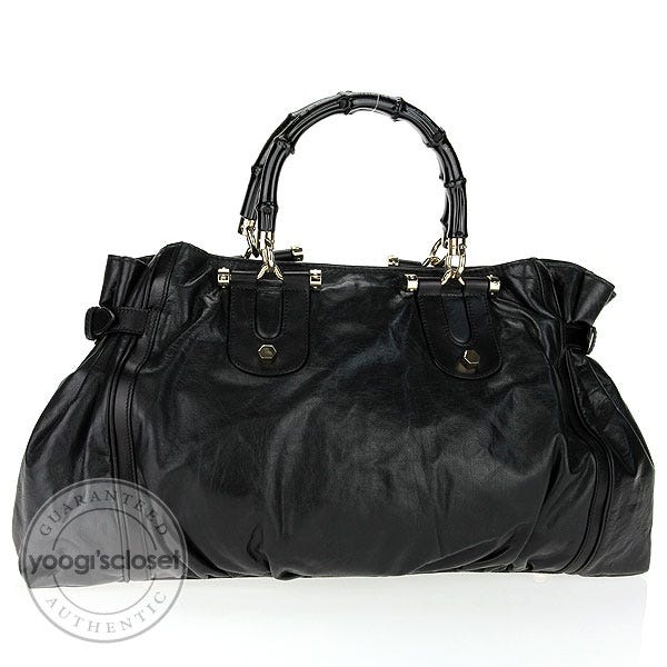 Gucci Black Leather Pop Bamboo Handle Tote Bag