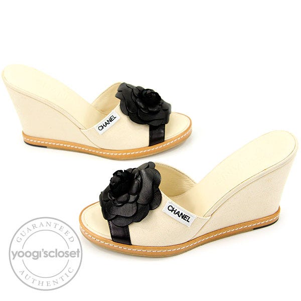 Chanel Camellia Flower Platform Wedges Size 6.5