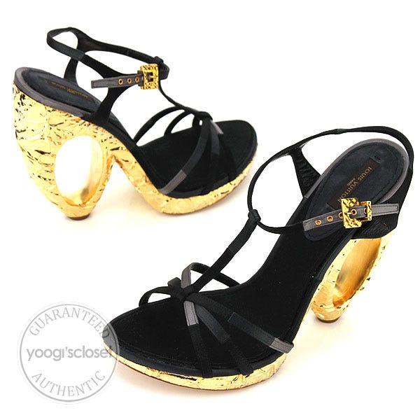 Louis Vuitton Black Satin Strappy Sandals Gold Wedge "O" Heels Size 10