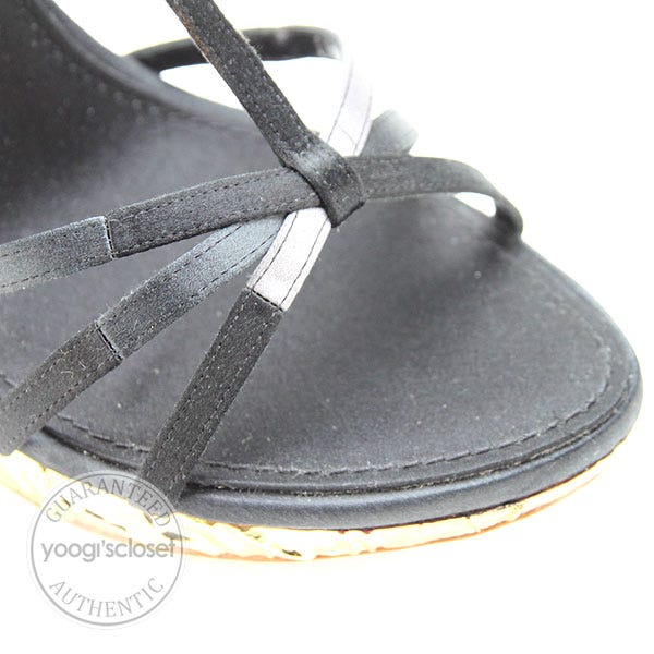 Louis Vuitton Black Satin Strappy Sandals Gold Wedge O Heels Size 10 -  Yoogi's Closet