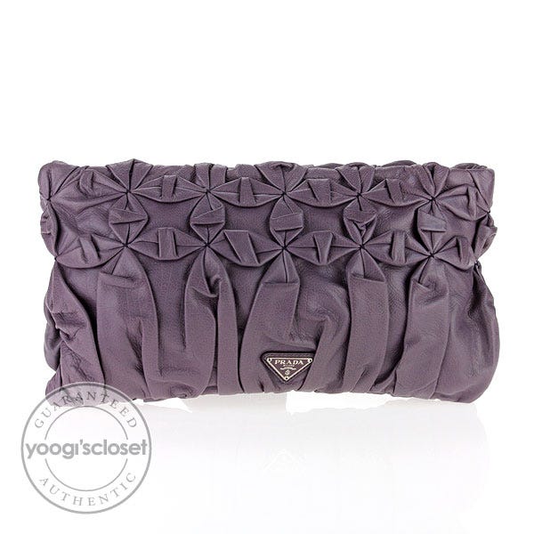 Prada Mirtillo Diamond Pleated Royal Calf Leather Pochette