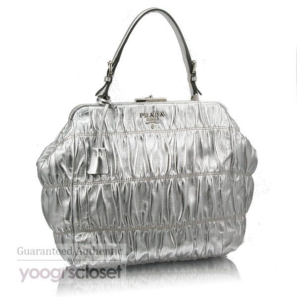 Prada Silver Ruched Lambskin Dressy Gauffre Tote Bag