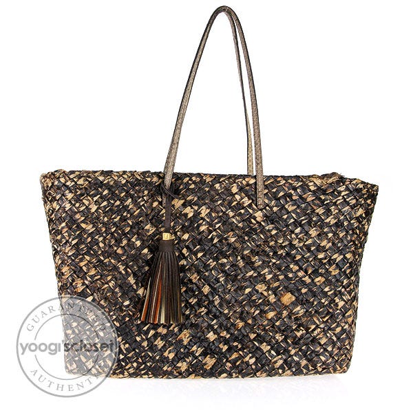 Fendi Brown Woven Straw and Python Trim XL Tote Bag-8BH126