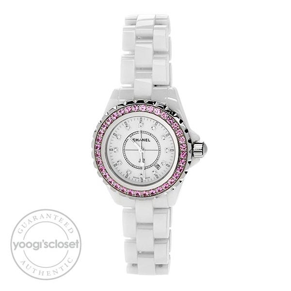 Chanel White J12 Ceramic Pink Sapphire and Diamond 33mm Quartz Watch