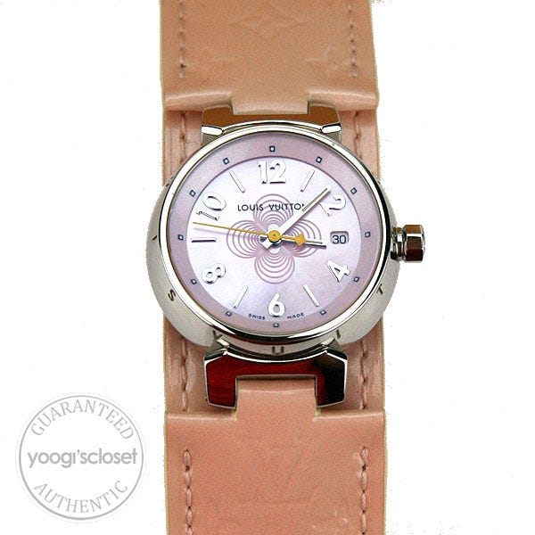 Louis Vuitton Tambour Small Quartz Pink Mother of Pearl Dial Wide Leather Strap 28mm Watch
