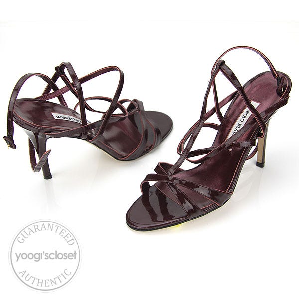 Manolo Blahnik Wine Patent Leather Strappy Heel Sandals Size 8/38.5