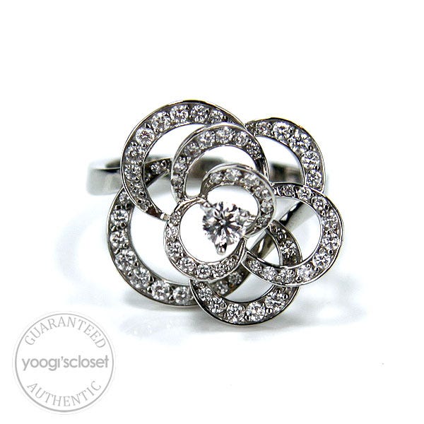 Authentic Chanel Rings Chanel 18K White Gold with Diamonds Camellia Flower Ring Size 6 | Yoogi ...