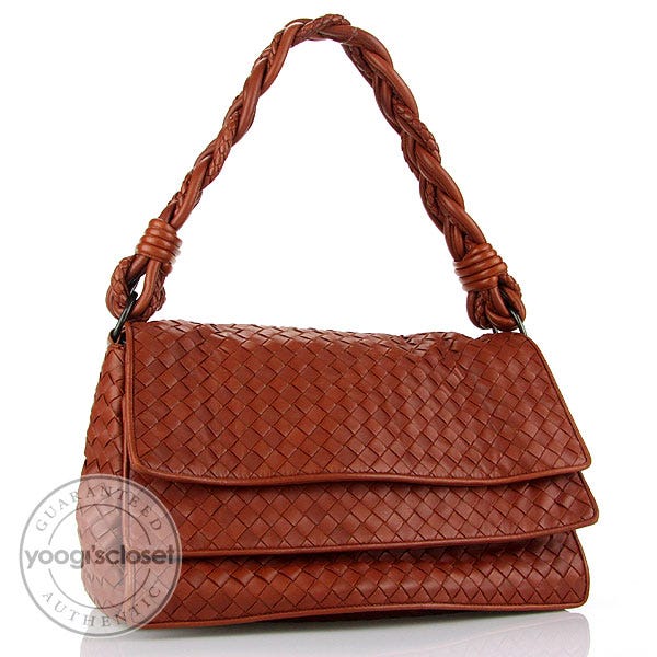 Bottega Veneta Brown Leather Woven Shoulder Flap Bag
