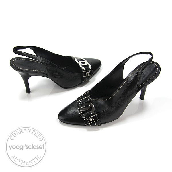 Chanel Black Leather CC Logo Slingback Heels Size 36/5.5 - Yoogi's