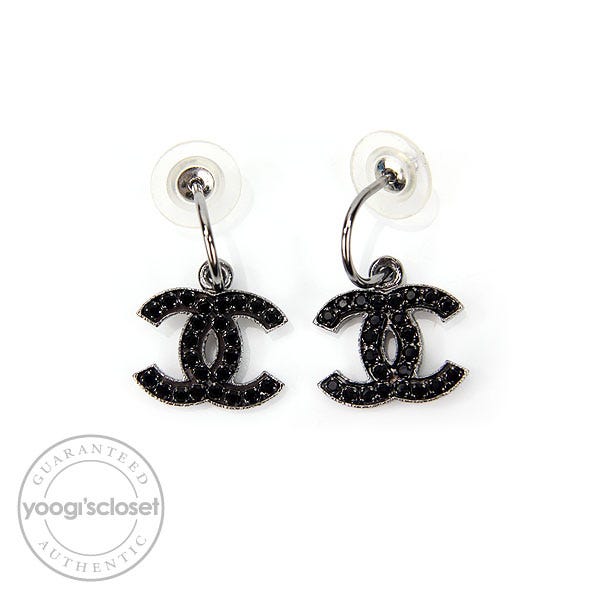 Chanel Black Crystal CC Logo Earrings