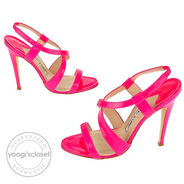 Manolo Blahnik Patent Leather Tiras Fluo Fuxia Pink Sandal Heels Size 7.5