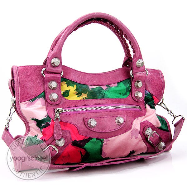 Balenciaga Magenta Chevre Leather/Floral Satin City Giant Hardware Bag