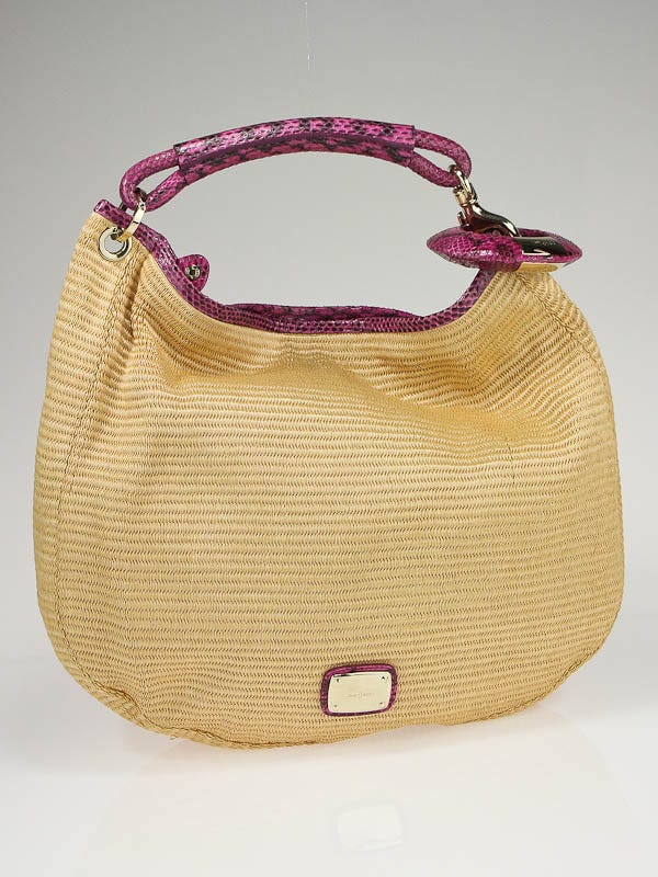 Jimmy Choo Raffia Straw with Pink Snakeskin Sky Hobo Bag