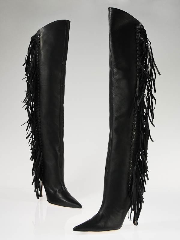 Jimmy Choo Black Leather Fringe Over-the-Knee Boots Size 8.5/39