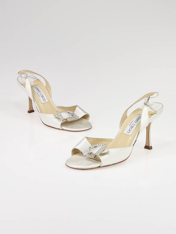 Jimmy Choo White Satin and Crystal Buckle Slingback Shoes Size 6/36.5