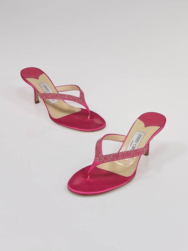 Jimmy Choo Fuchsia Satin Glitter Thong Sandals Size 7/37.5