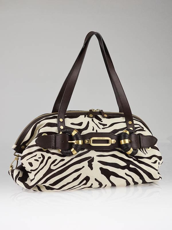 Jimmy Choo Brown White Zebra Print Pony Hair Zanzibar XL Tote Bag Yoogi s Closet