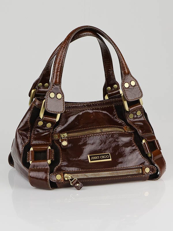 Jimmy Choo Brown Patent Leather and Suede Mahala Bag - Yoogi's Closet