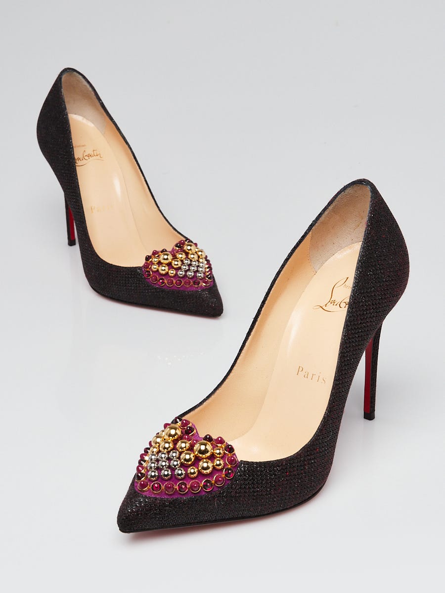 Christian Louboutin Black Glitter Coralta Mia Heart 100 Pumps Size 