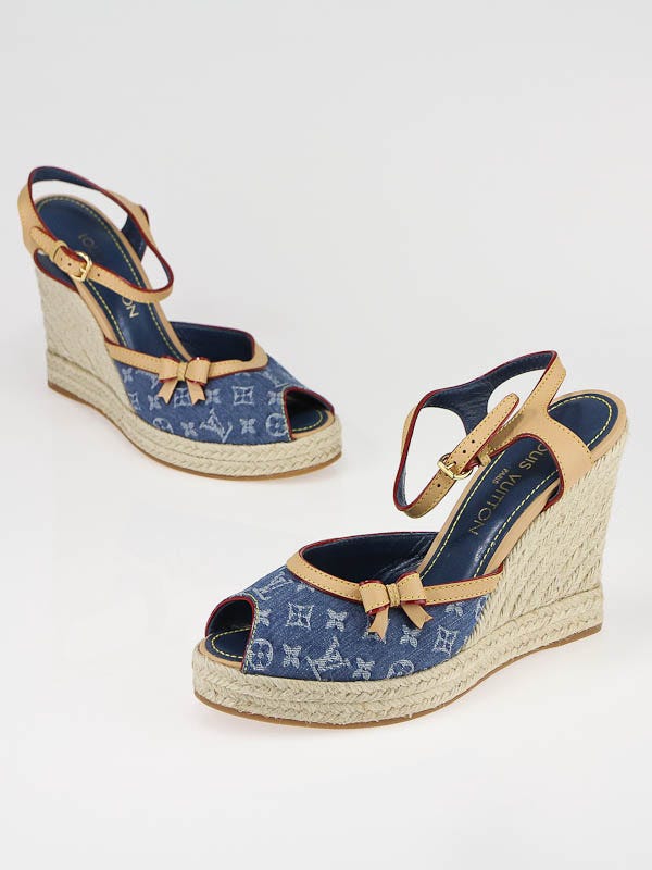 Louis Vuitton Monogram Denim Espadrilles Wedge Sandals - Size 9